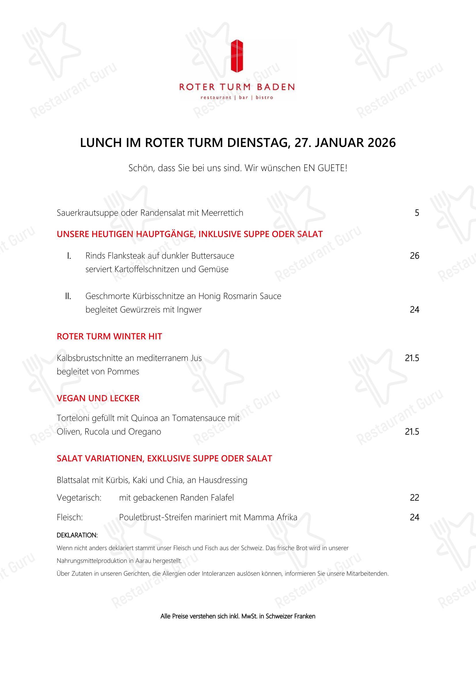 Menu per Restaurant Roter Turm Baden ristorante