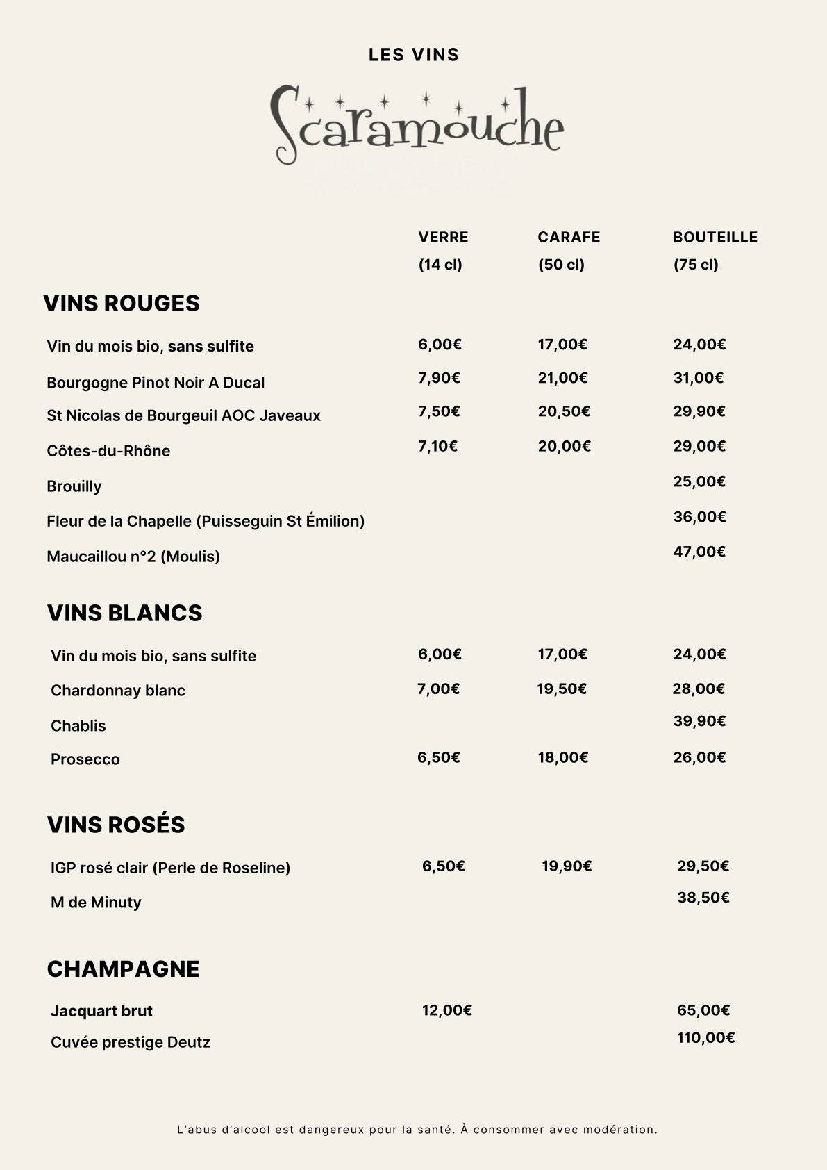 Menu de SCARAMOUCHE