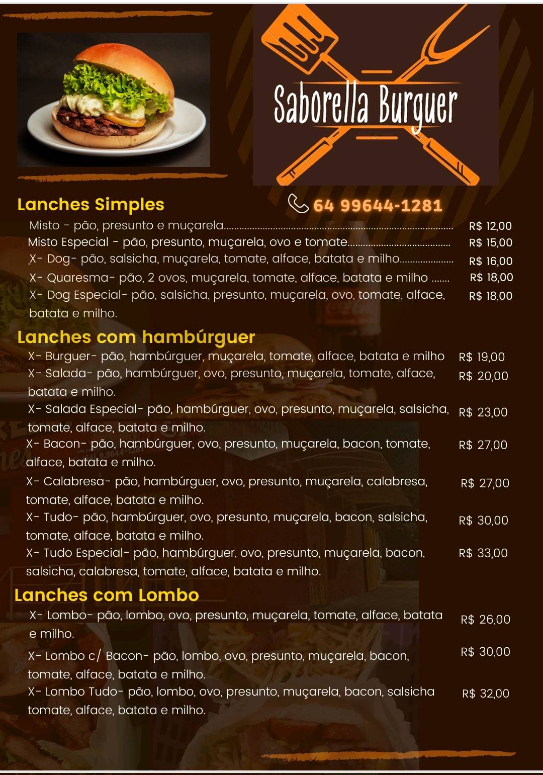 Saborella Burguer cardápio