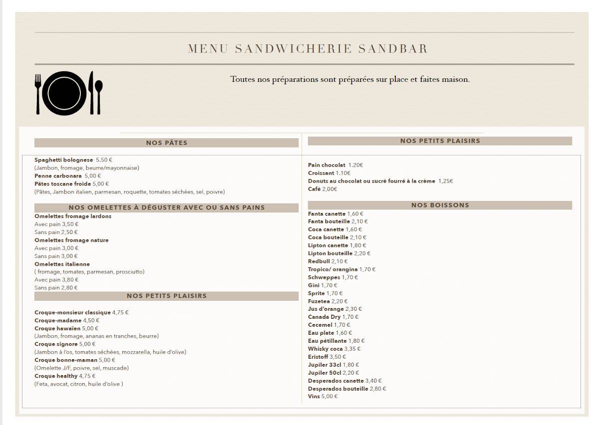 Menu de Sandbar