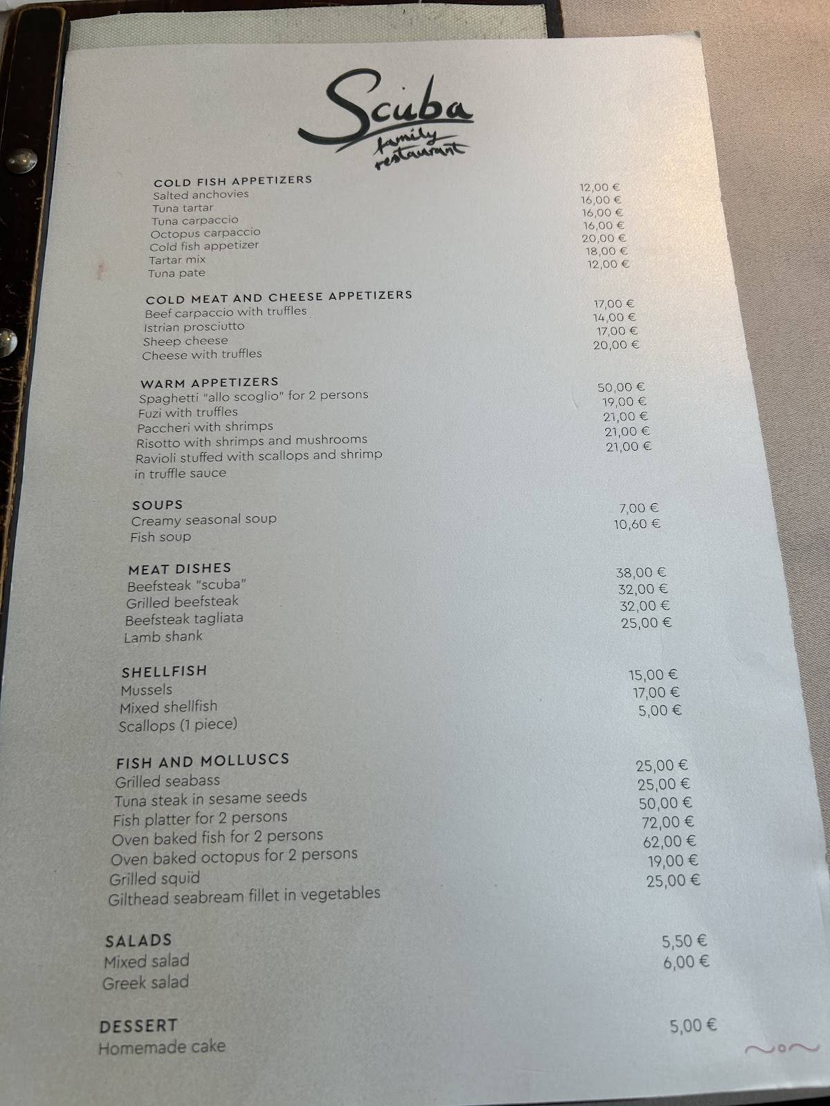Menu di Scuba restaurant 