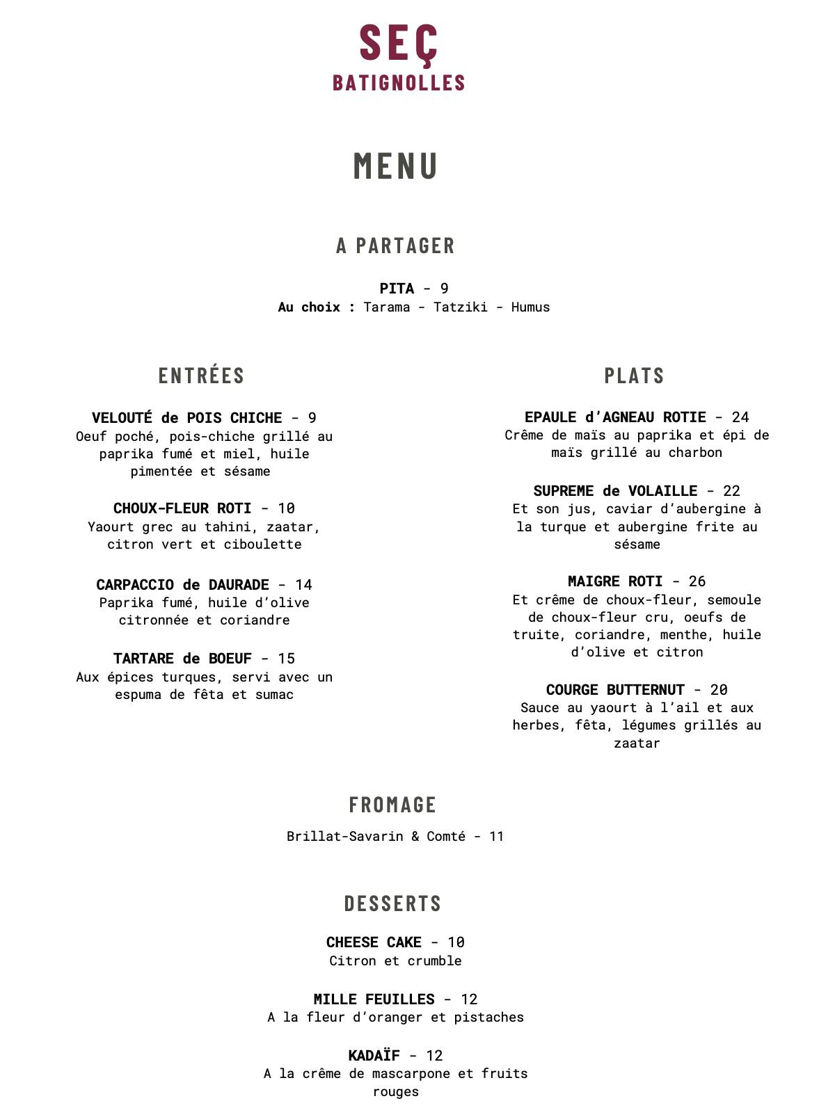 Menu de Seç - le Bistrot