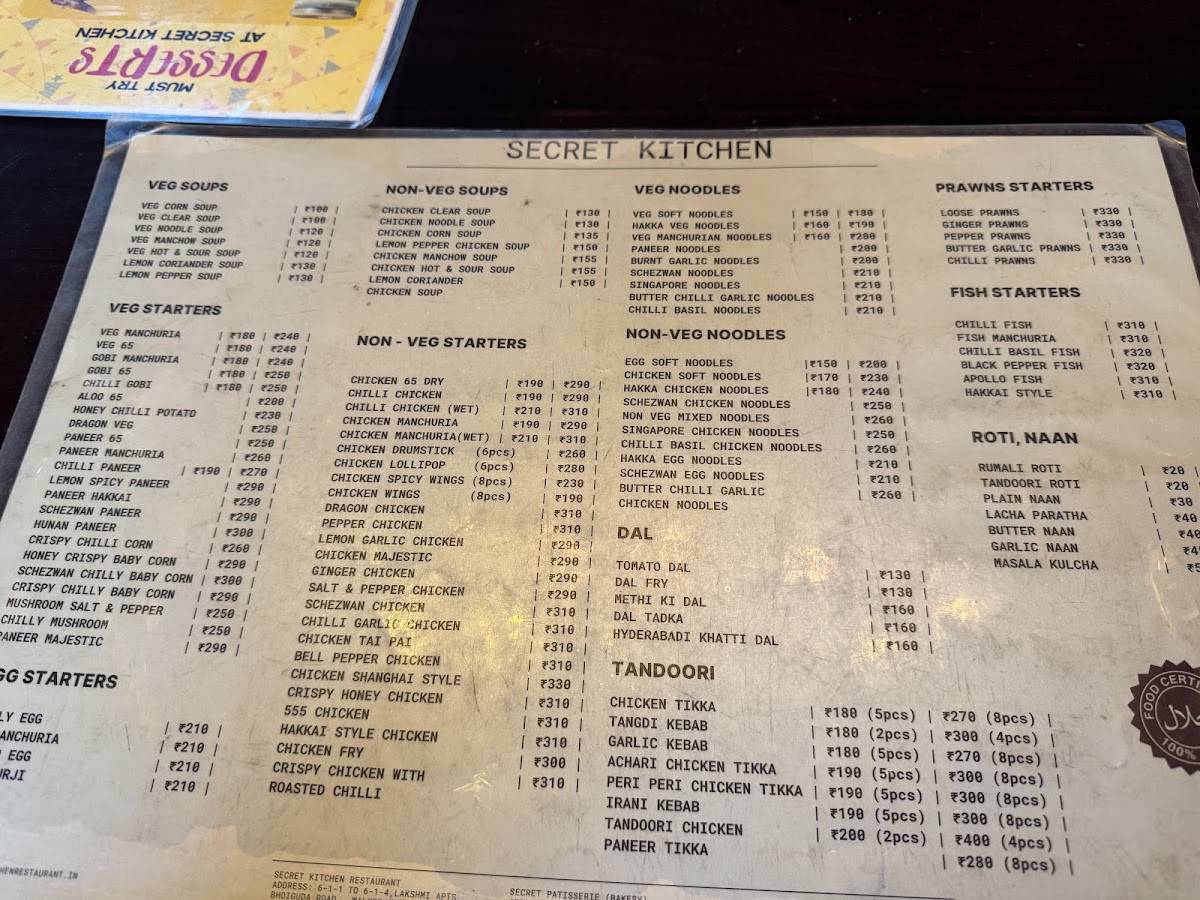 Secret Kitchen Ristorante & Bakery menu