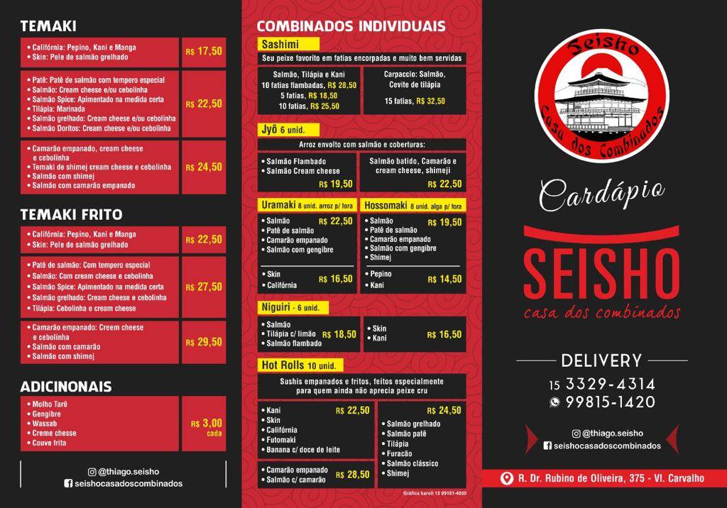 Seisho - Casa dos Combinados cardápio