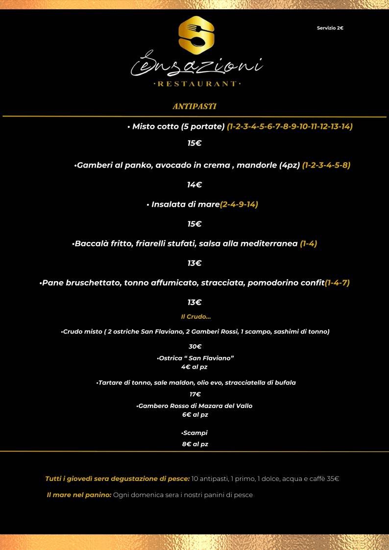 Menu di Sensazioni Restaurant