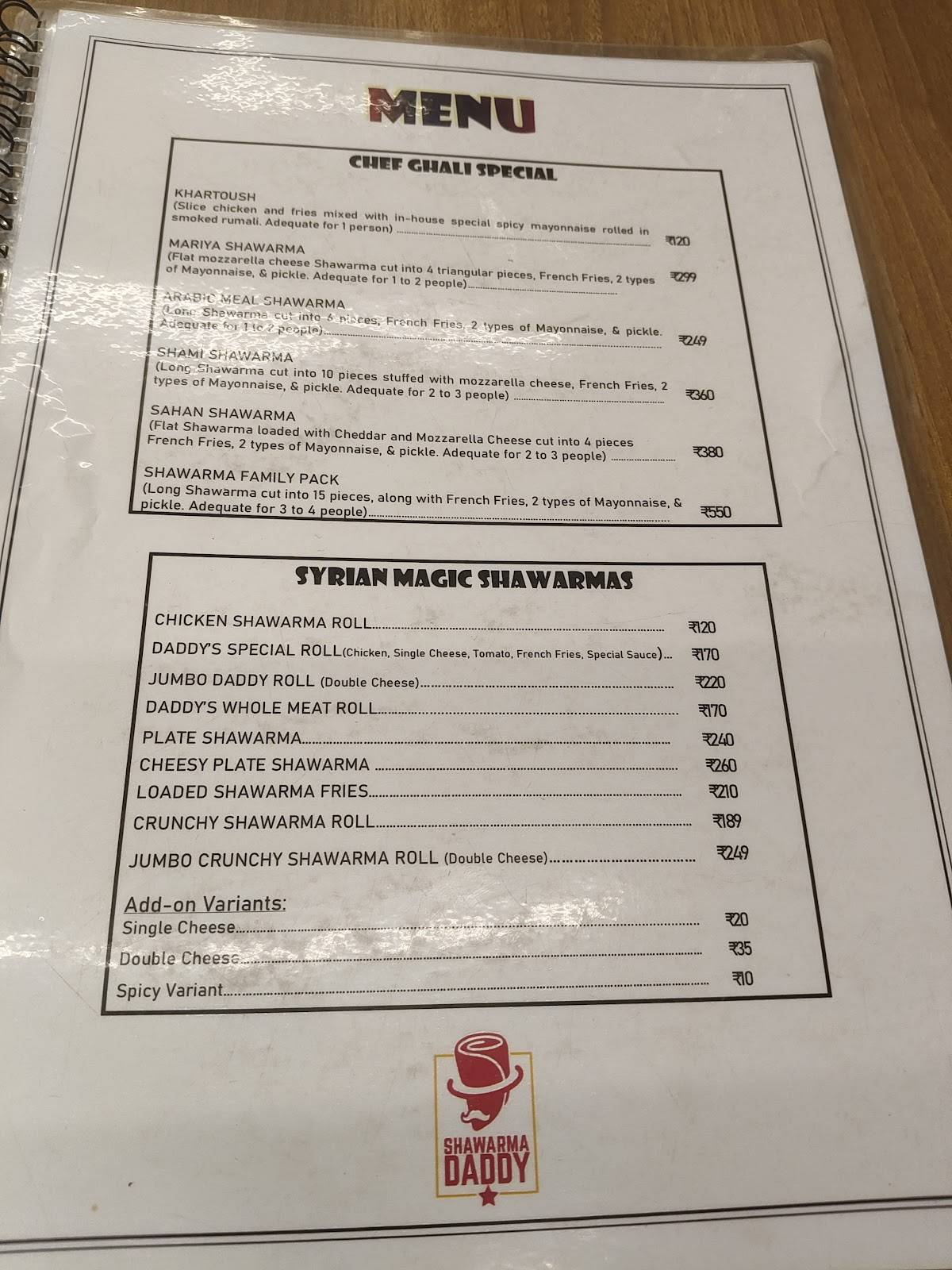Shawarma Daddy menu