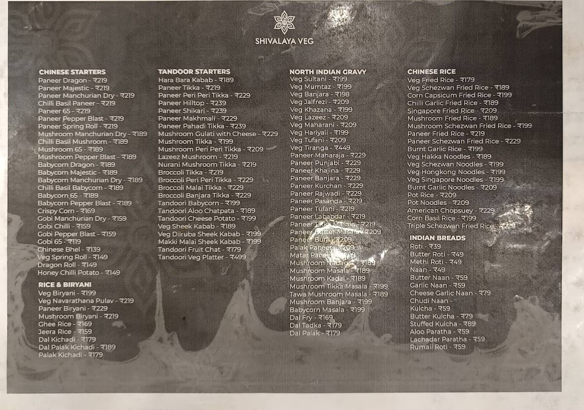 Shivalaya Veg menu