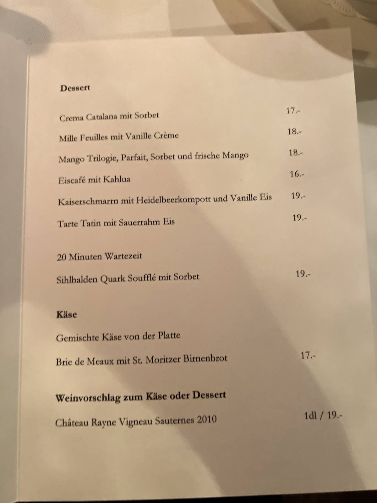 Menu di Restaurant Sihlhalde 