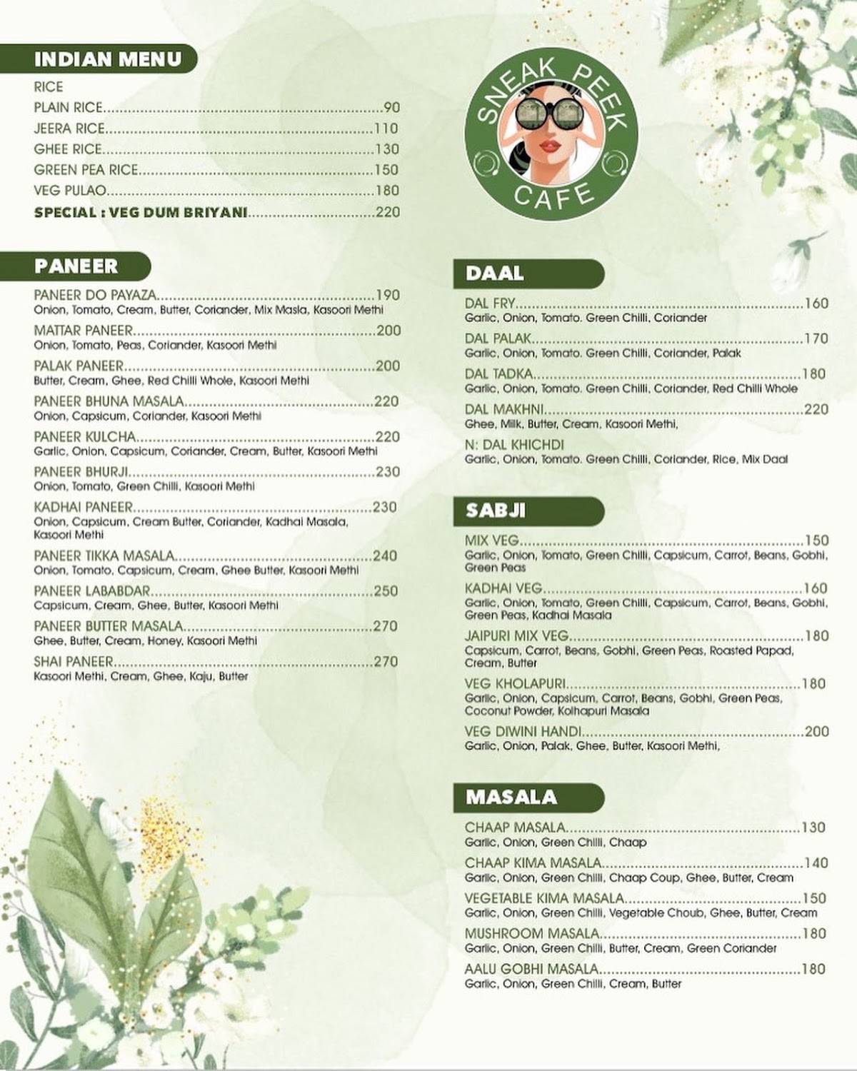 Sneak Peek Cafe - The Pure Veg Restro menu