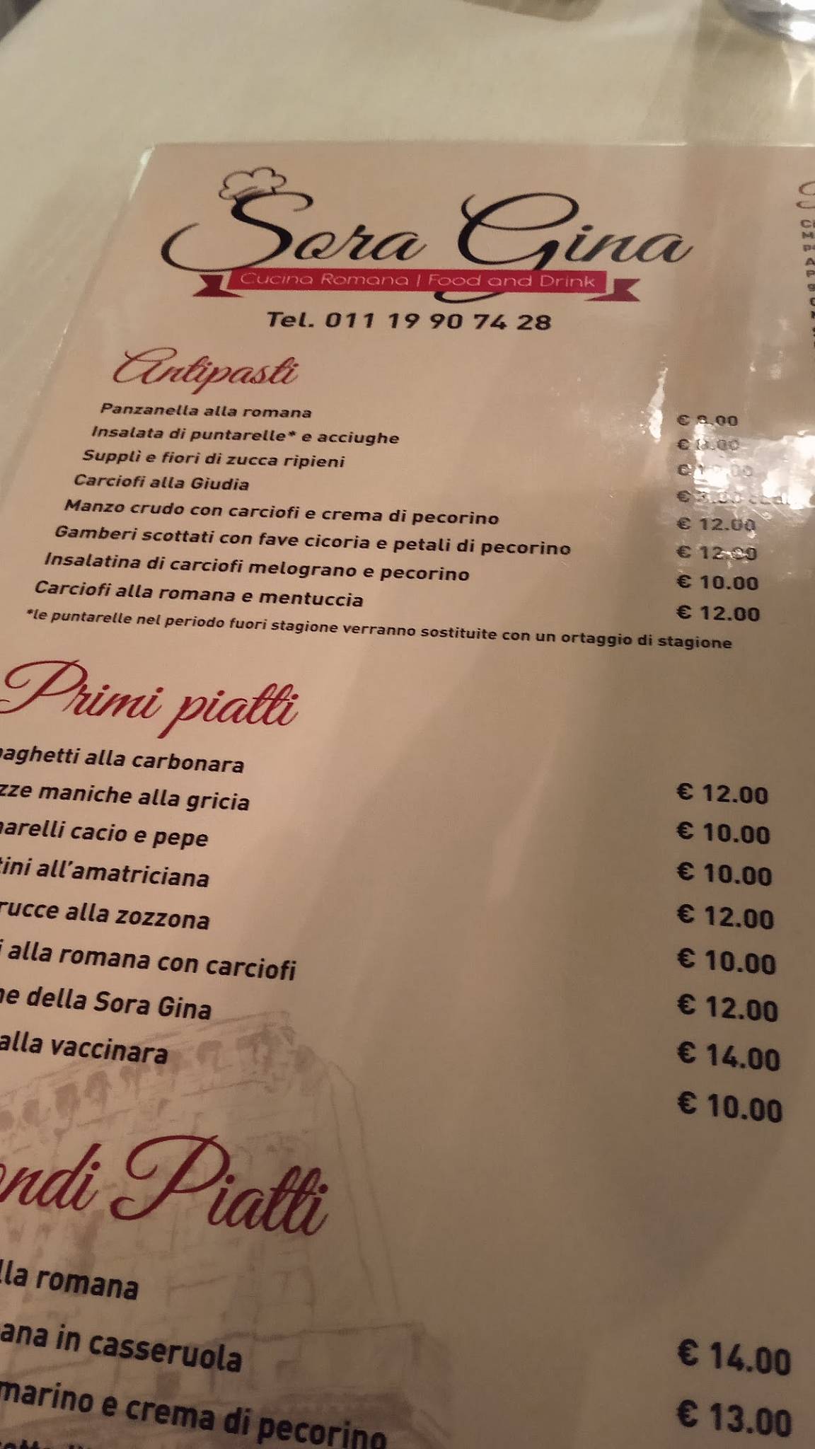 Menu da Sora Gina ristorante, Torino