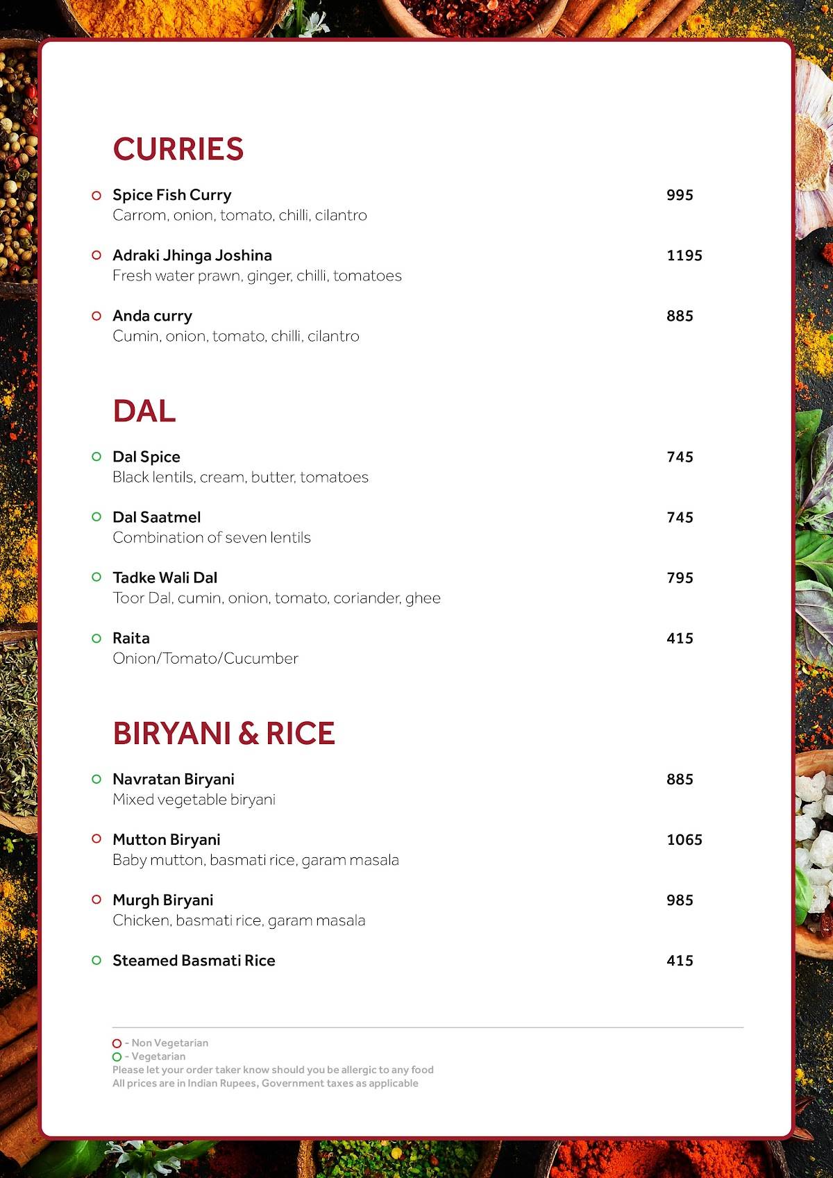 Spice Terrace Restaurant menu