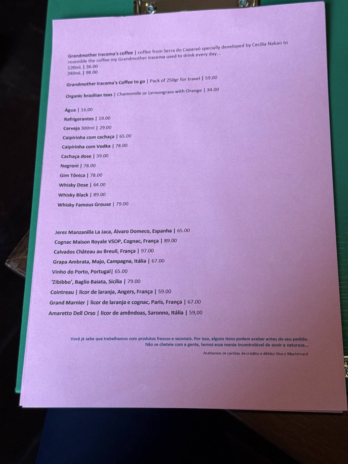 Restaurant Sud Pássaro Verde cardápio