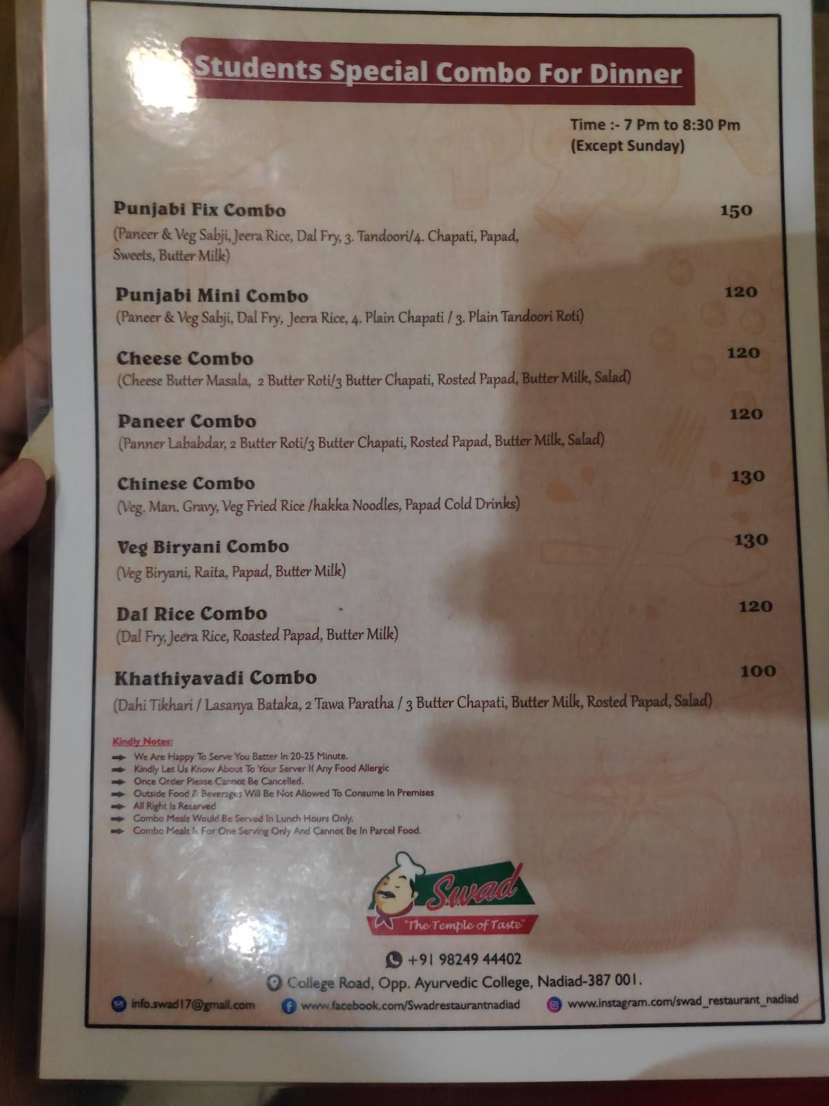 Menu at Swad Restaurant, Nadiad