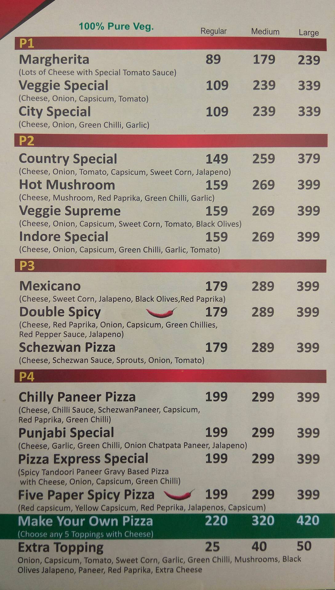 The Pizza Express menu