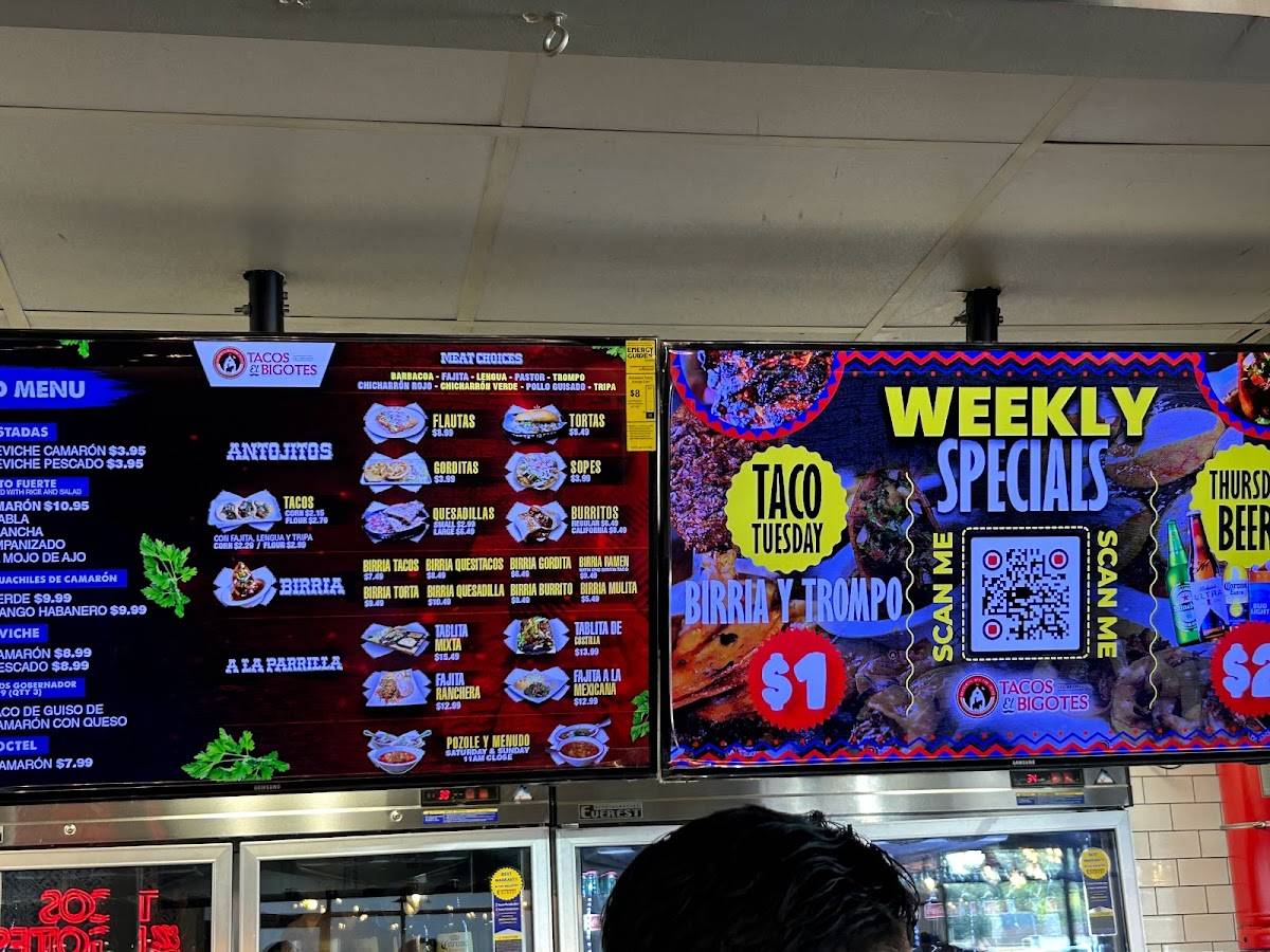 Menu at Tacos El Bigotes restaurant, Houston