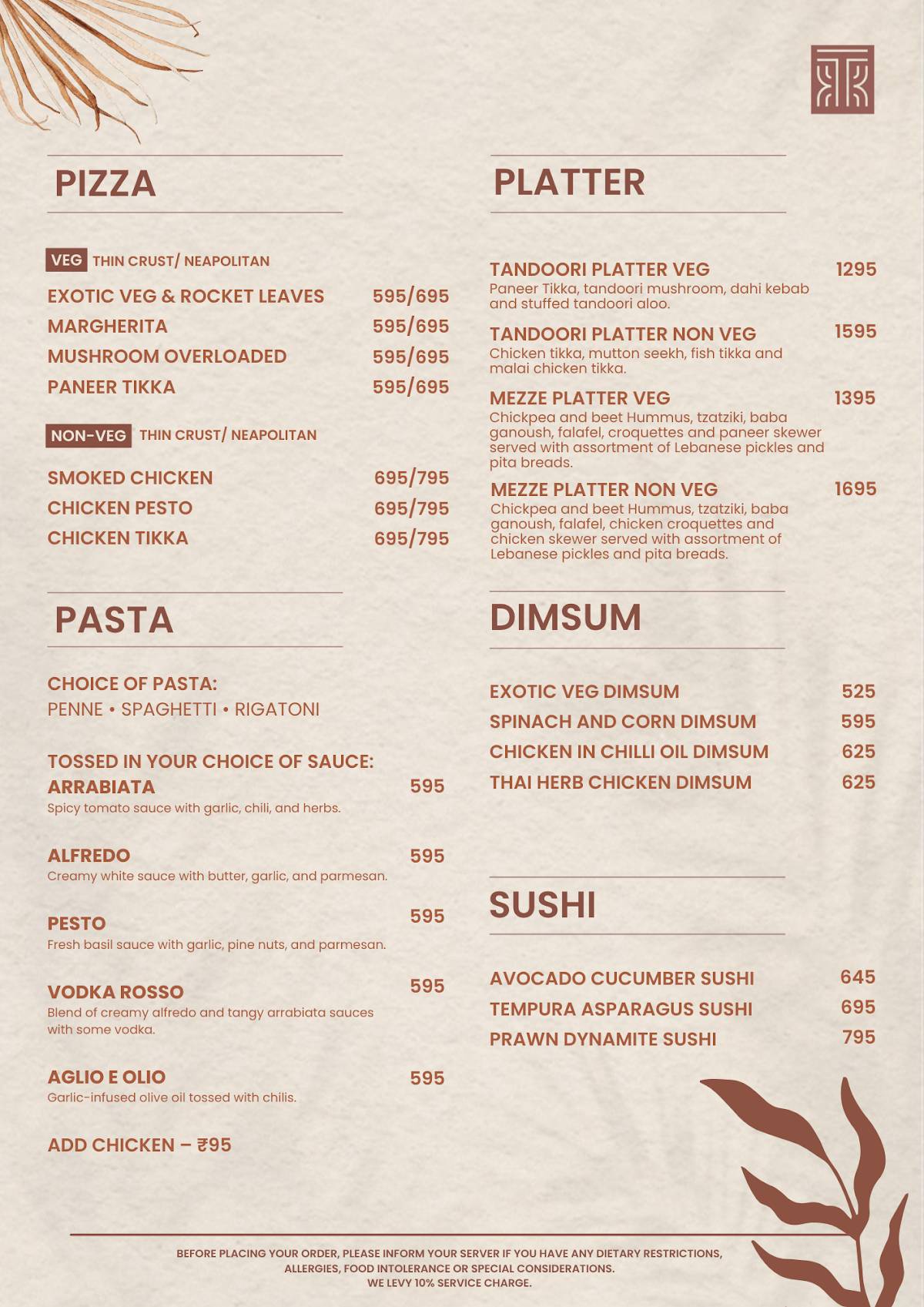 Tahia Rooftop Restaurant & Bar Sundowner Cafe menu
