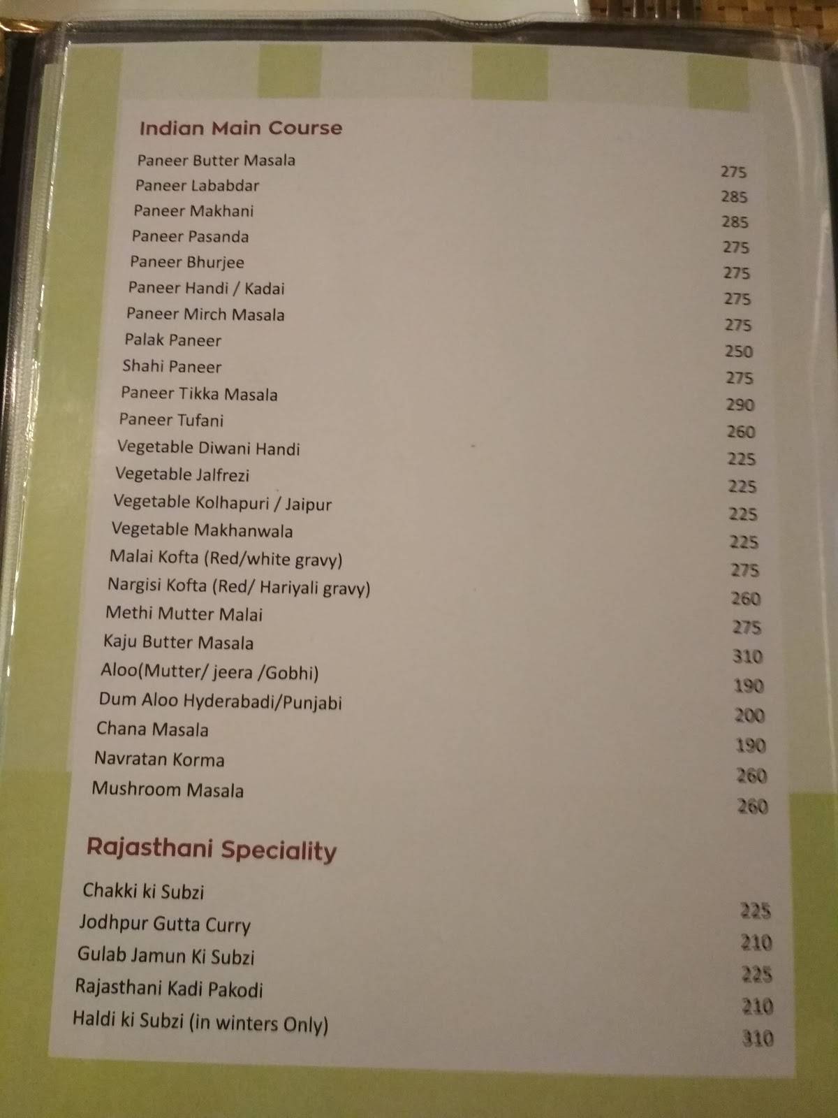 Tamarind Restaurant Jodhpur menu