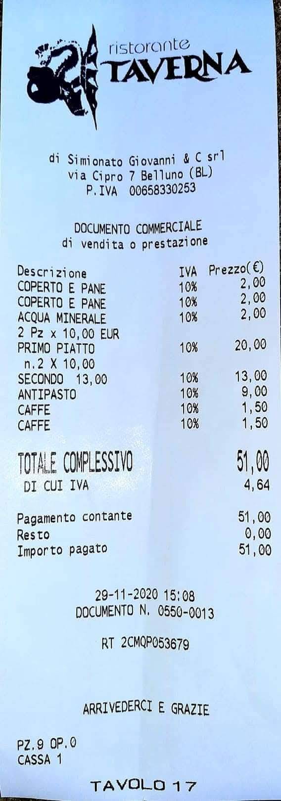 Menu di Ristorante Taverna 