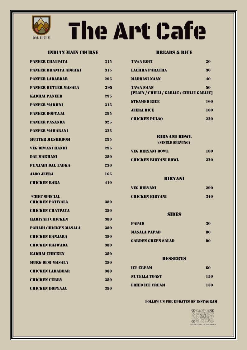The Art Cafe menu
