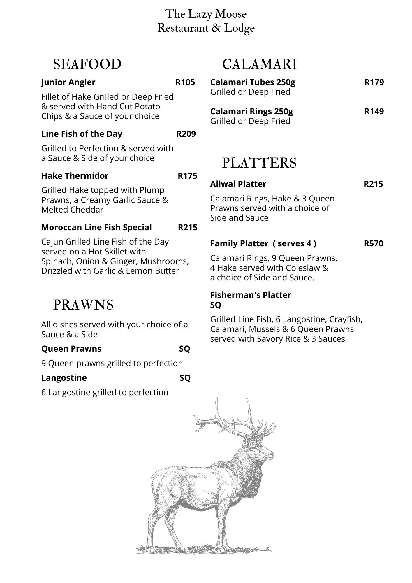 Menu at The Lazy Moose Restaurant & Lodge, Ezembeni