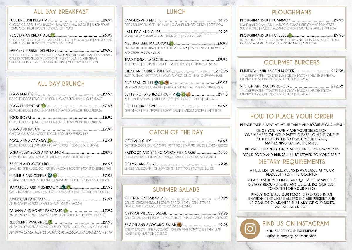 Menu at The Orangery Tea House, The Garden Society restaurant, Southampton
