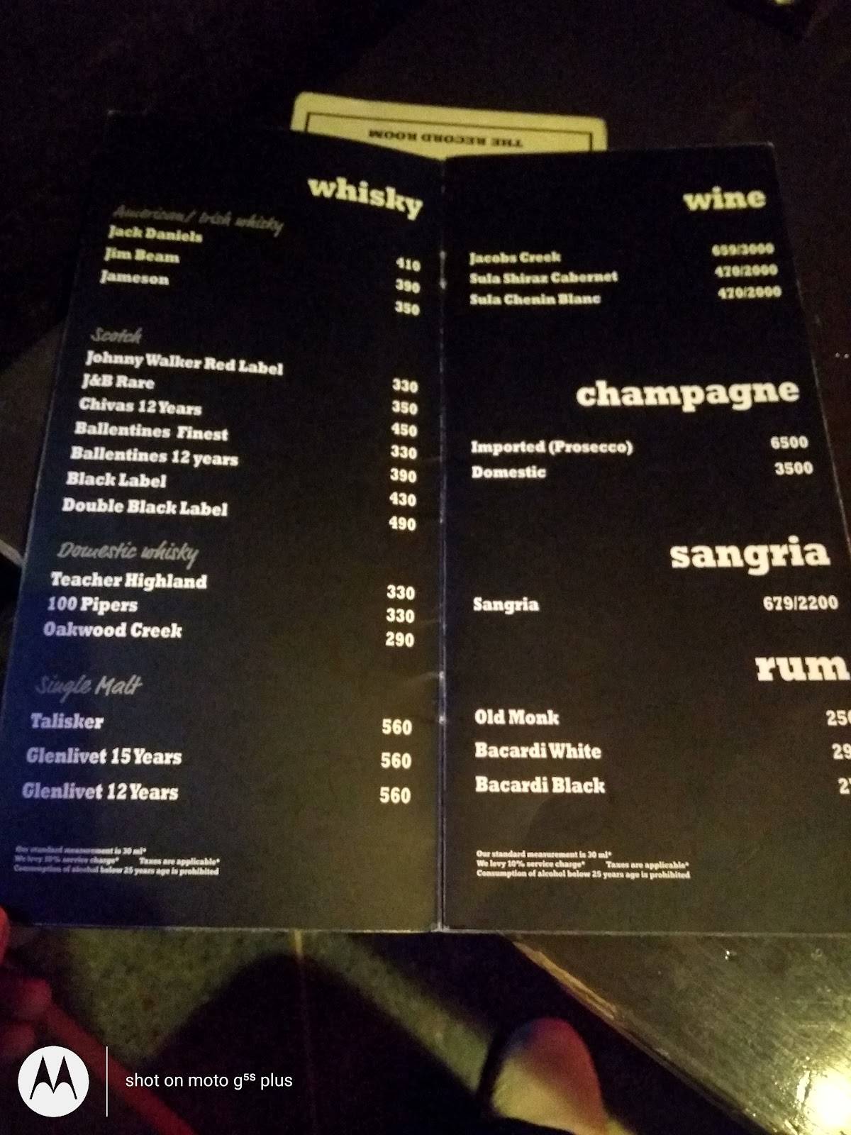 Menu At The Record Room Delhi New Delhi