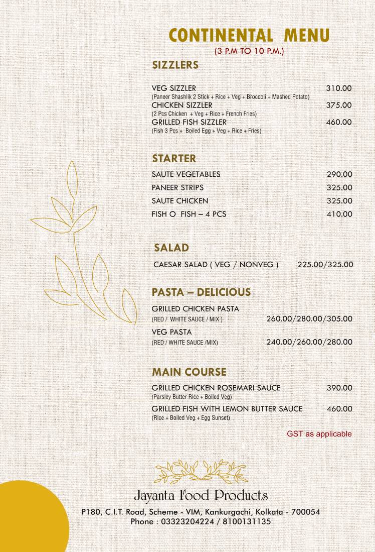 The Rose (Kankurgachi) menu