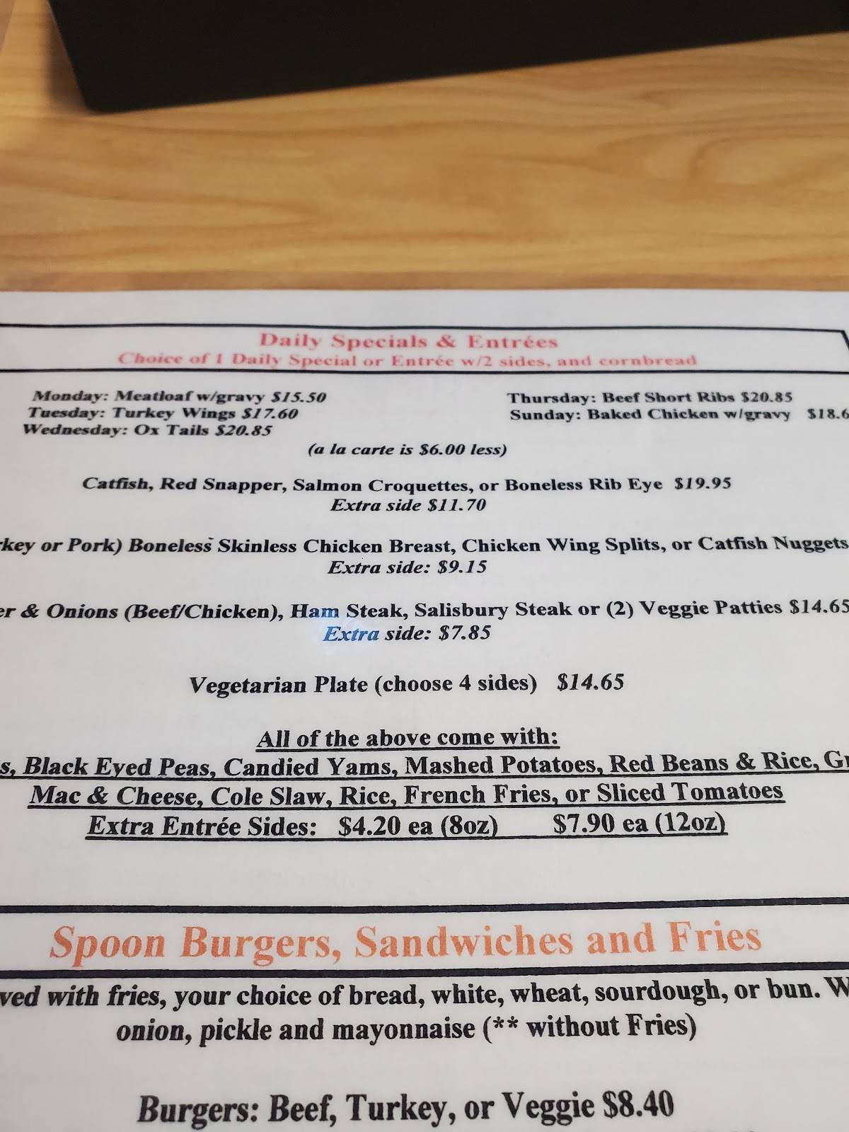 Menu at The Serving Spoon restaurant, Inglewood