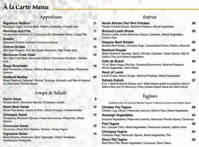 Menu de The Sultan's Tent and Cafe Moroc