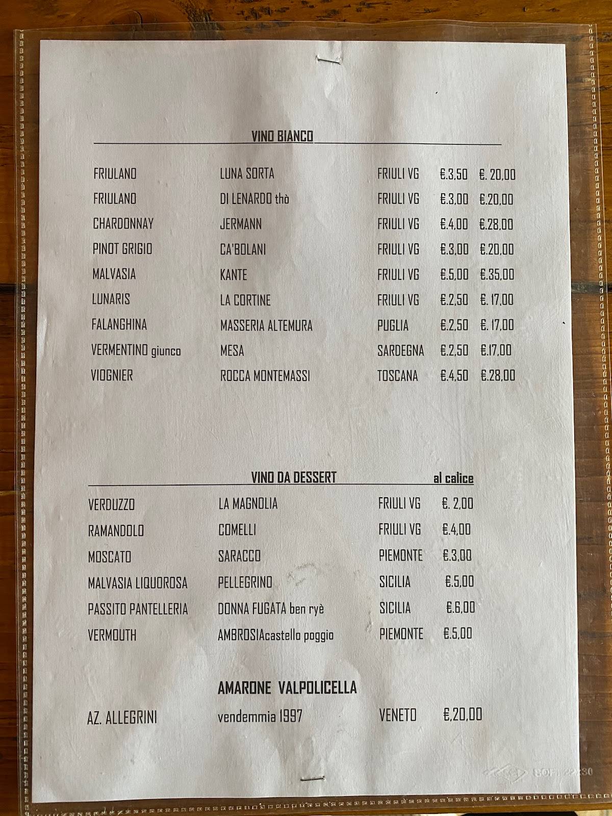 Menu di Trattoria Dal Diaul e l'Aghesante 