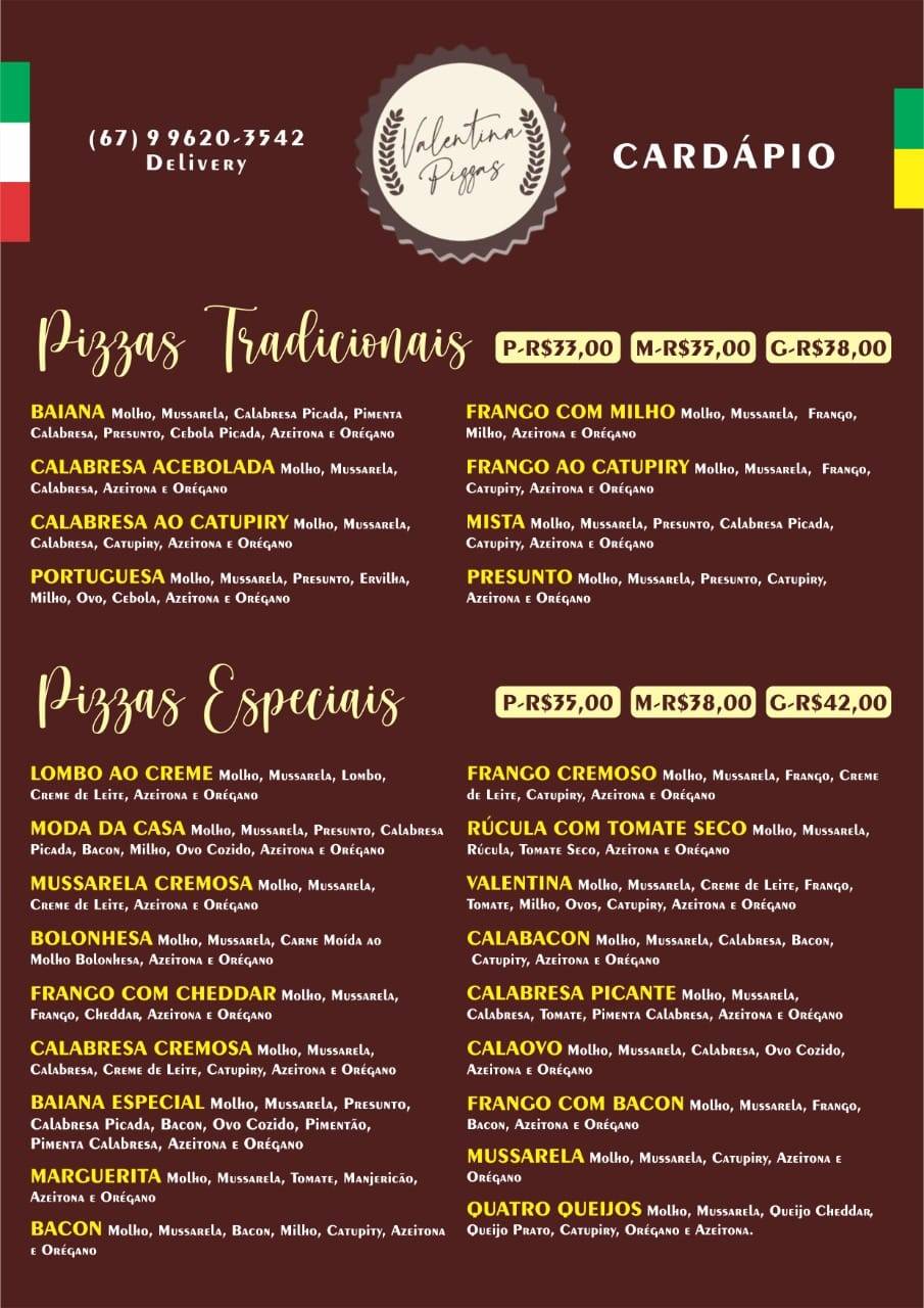 Valentina pizzas cardápio