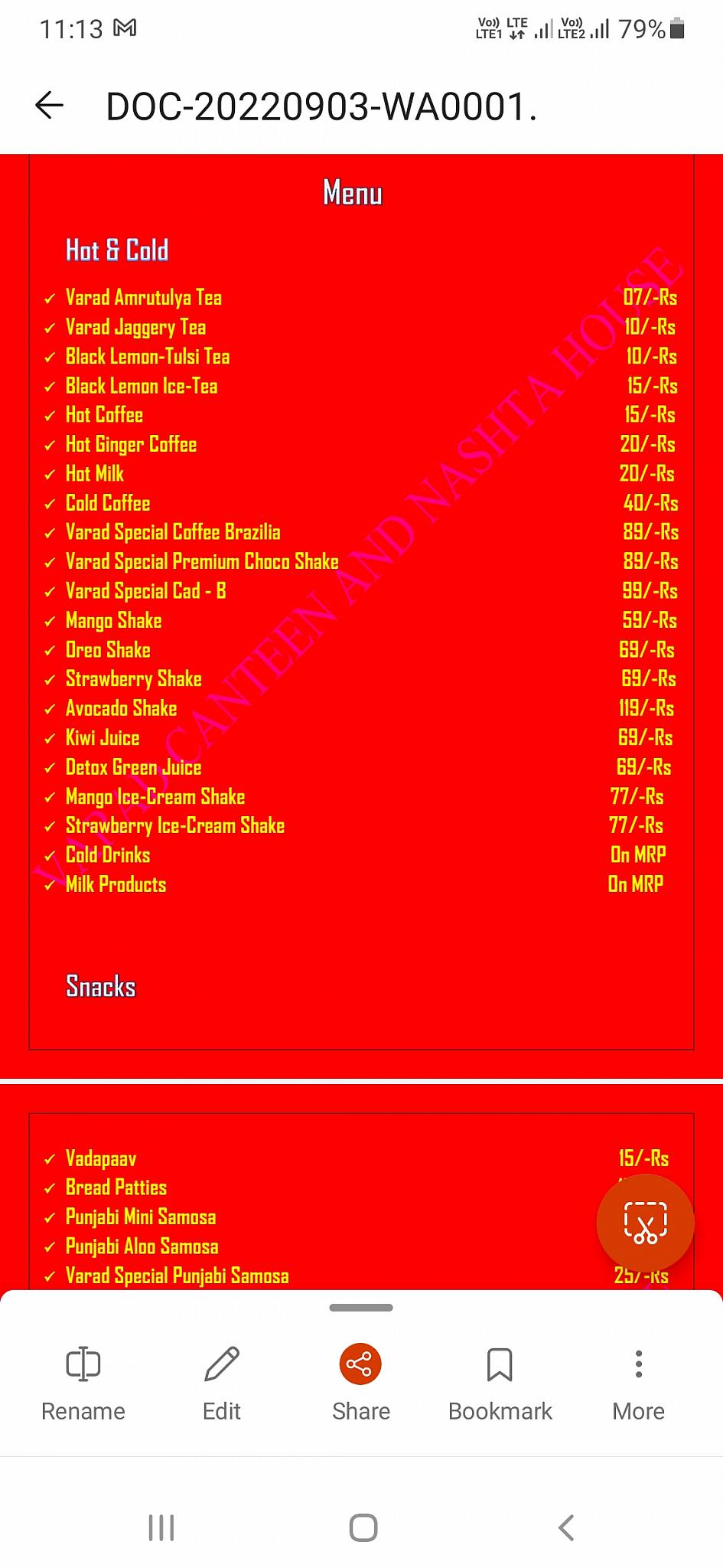 Varad Canteen and Nashta House menu