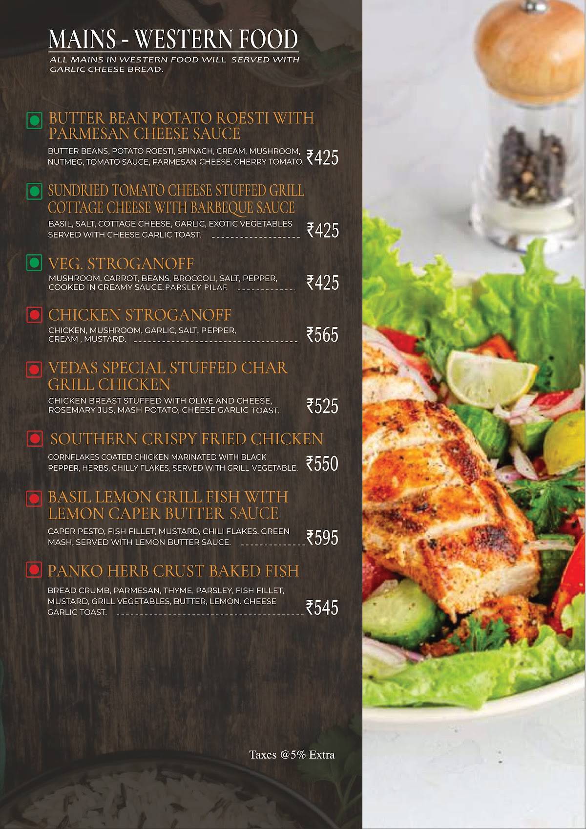 Vedas Earth Bistro menu