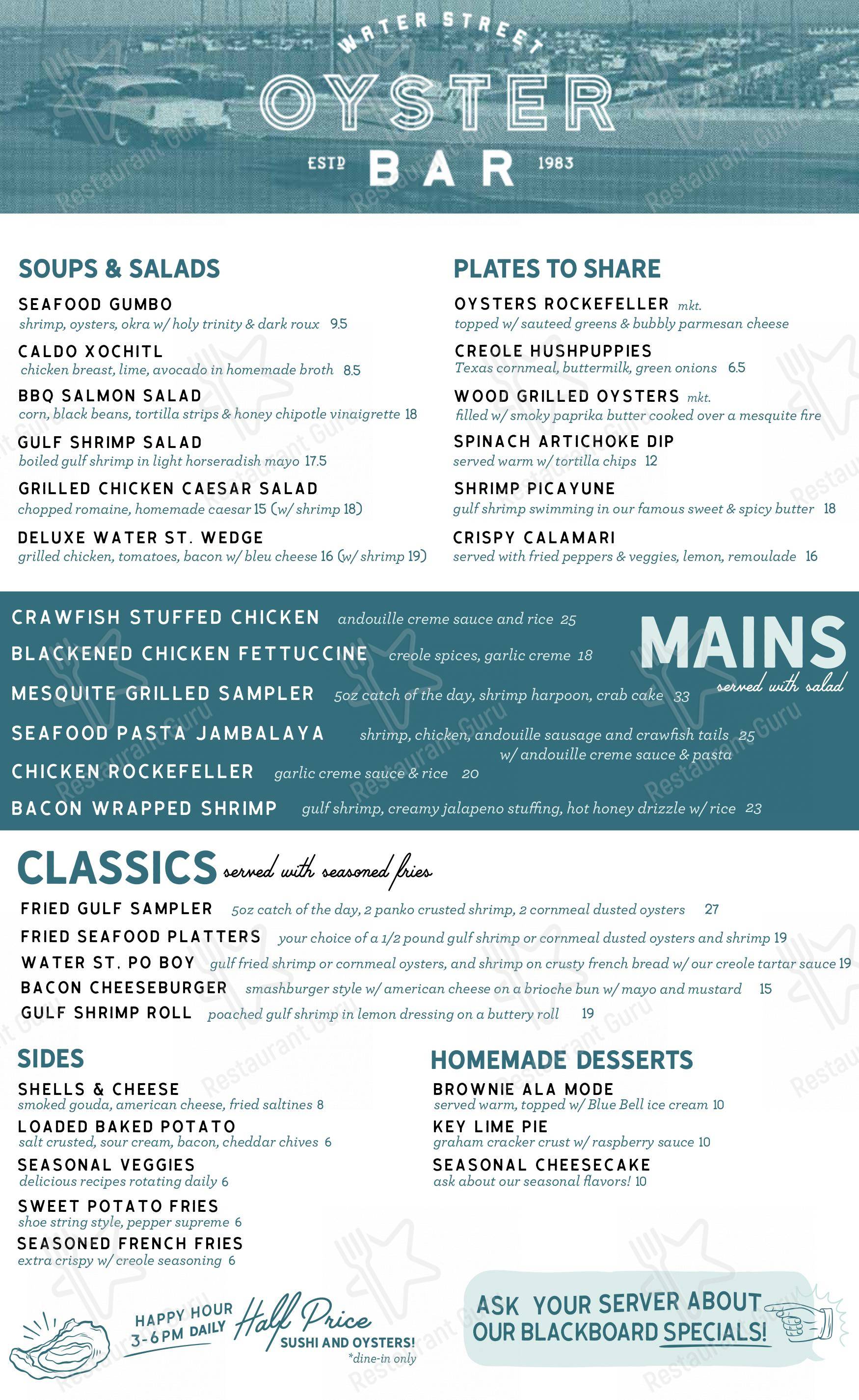 Menu at Water Street Oyster Bar, Corpus Christi