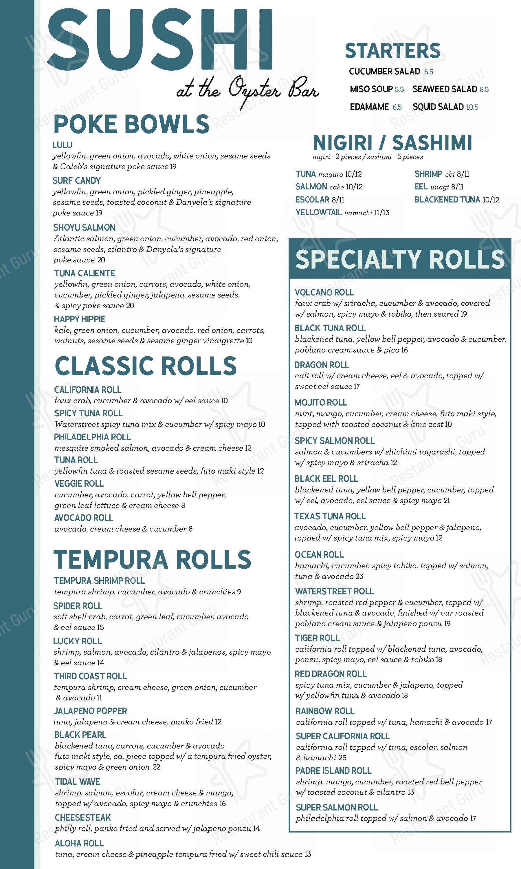 Menu at Water Street Oyster Bar, Corpus Christi