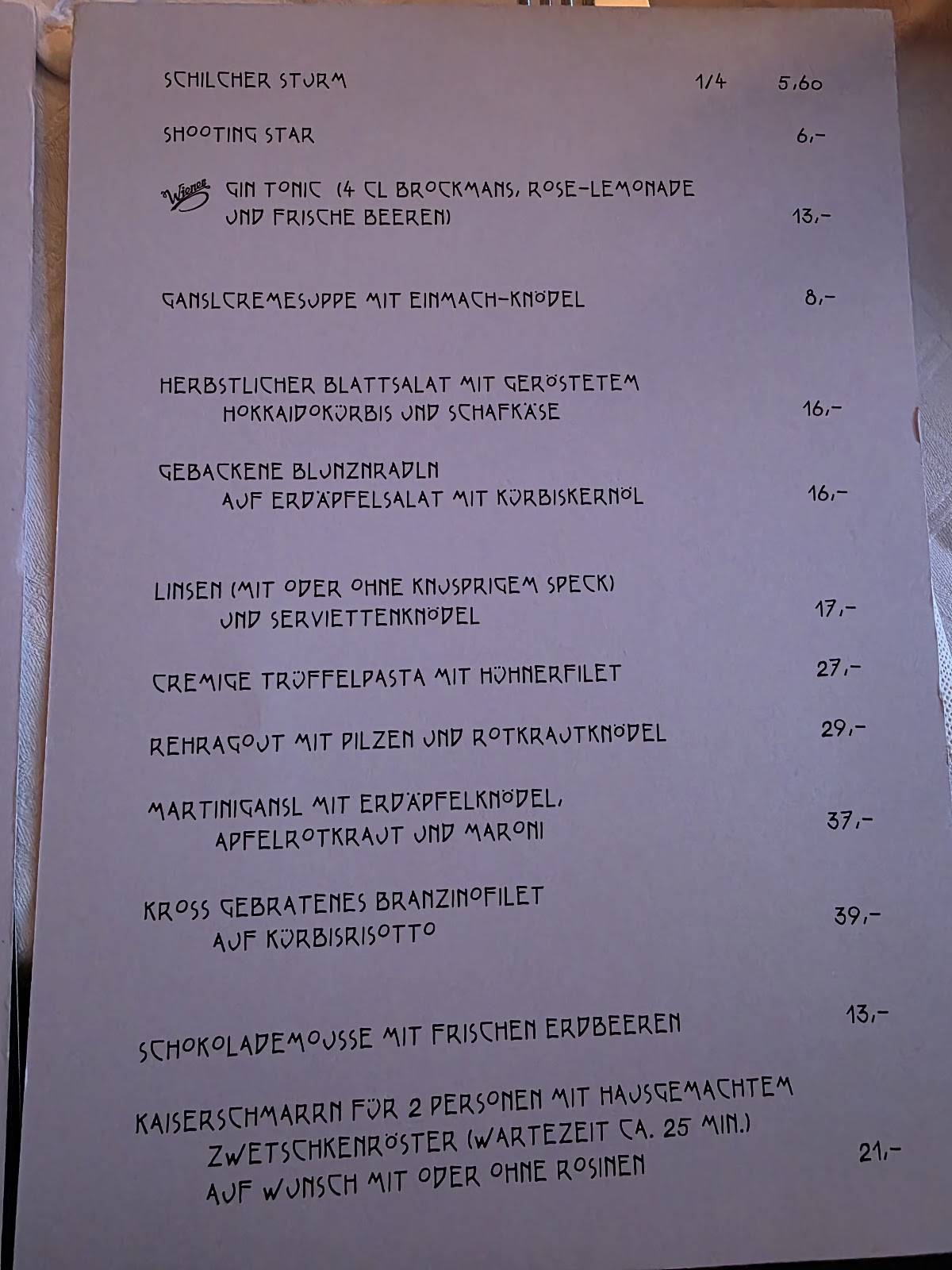 Menu de Restaurant Wiener