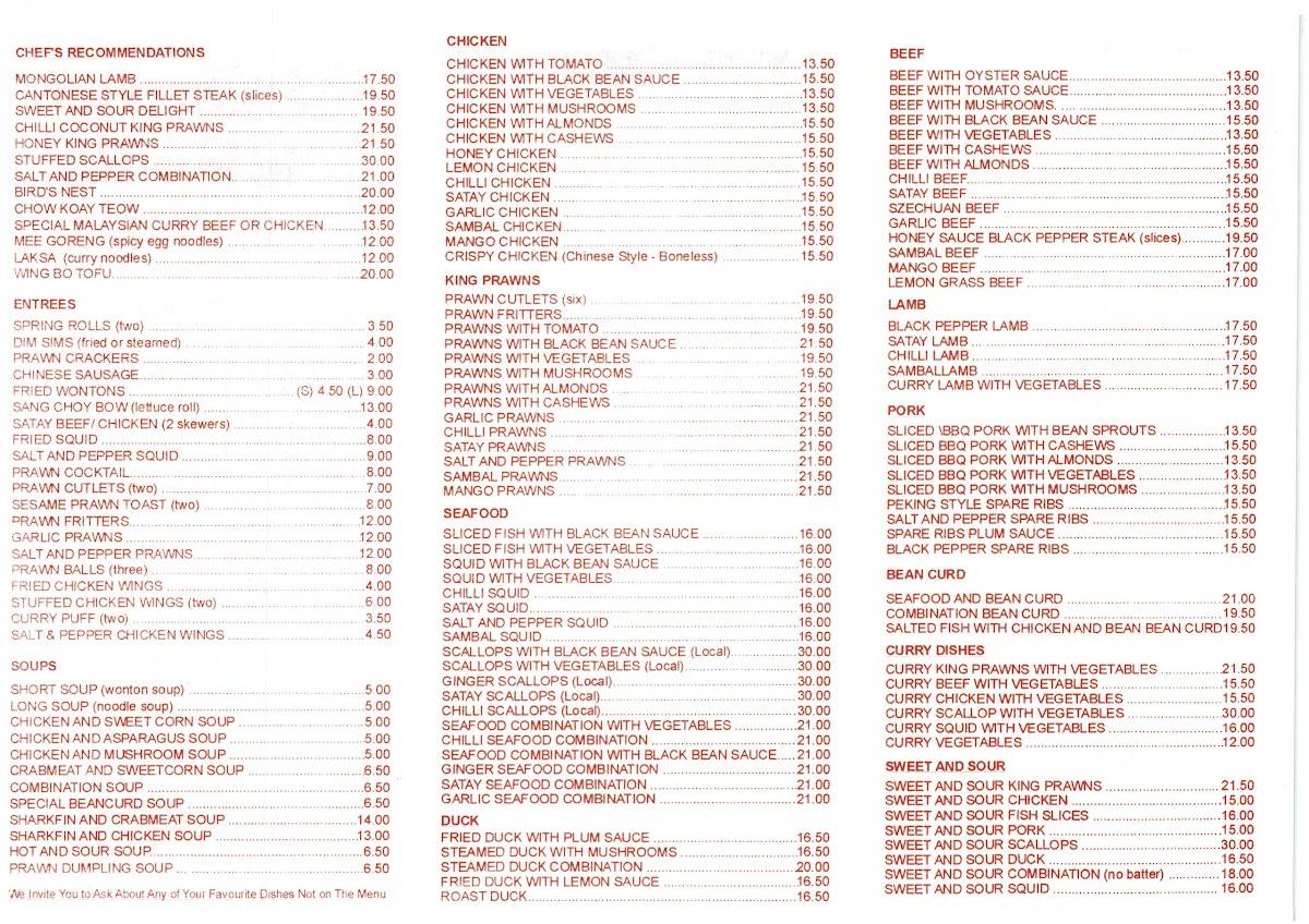Menu at Wing Bo Chinese Restaurant, Maylands