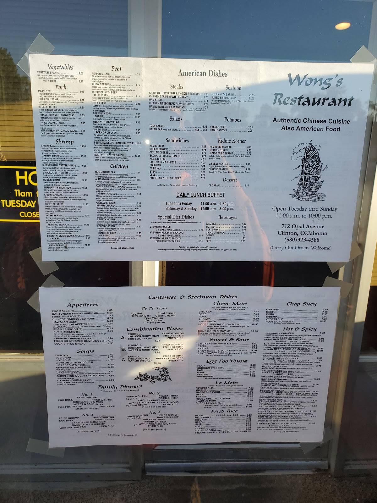 Menu at Wong's Restaurant, Clinton