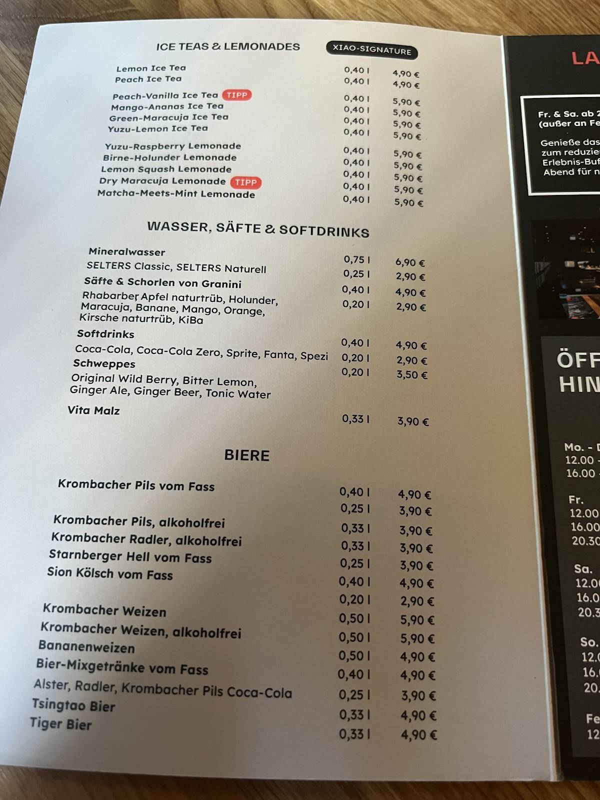 Menu de XIAO Köln