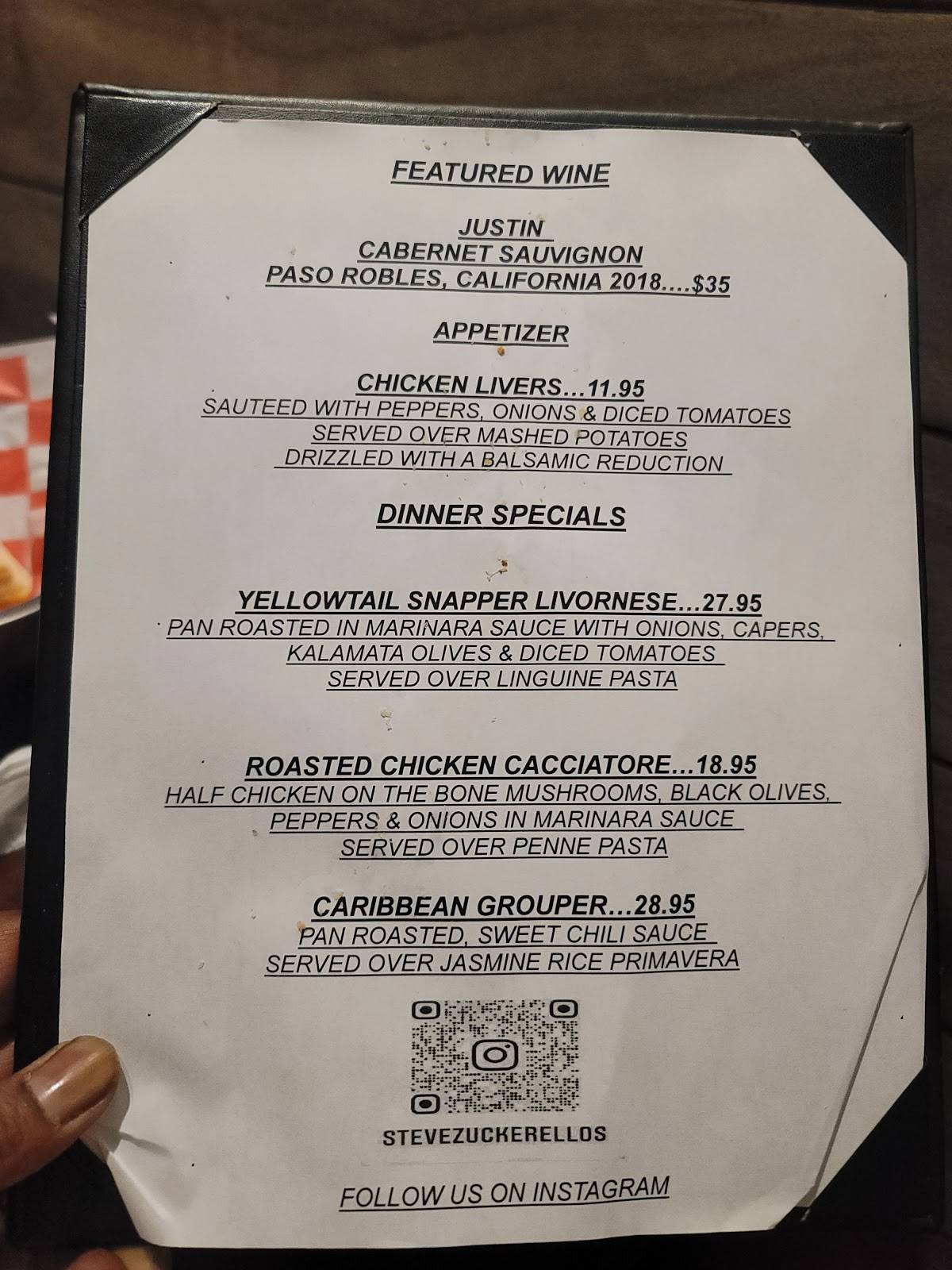 Menu at Zuckerello's restaurant, Fort Lauderdale