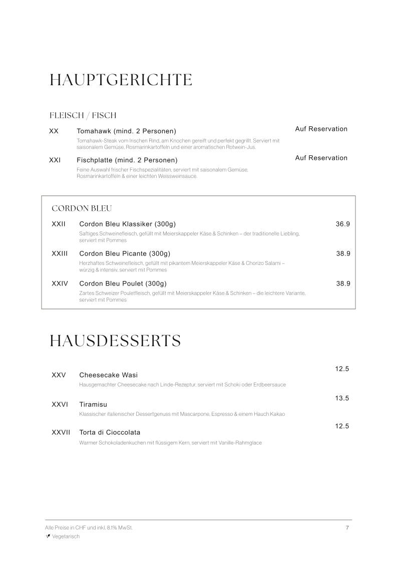 Menu de Restaurant Zur Linde