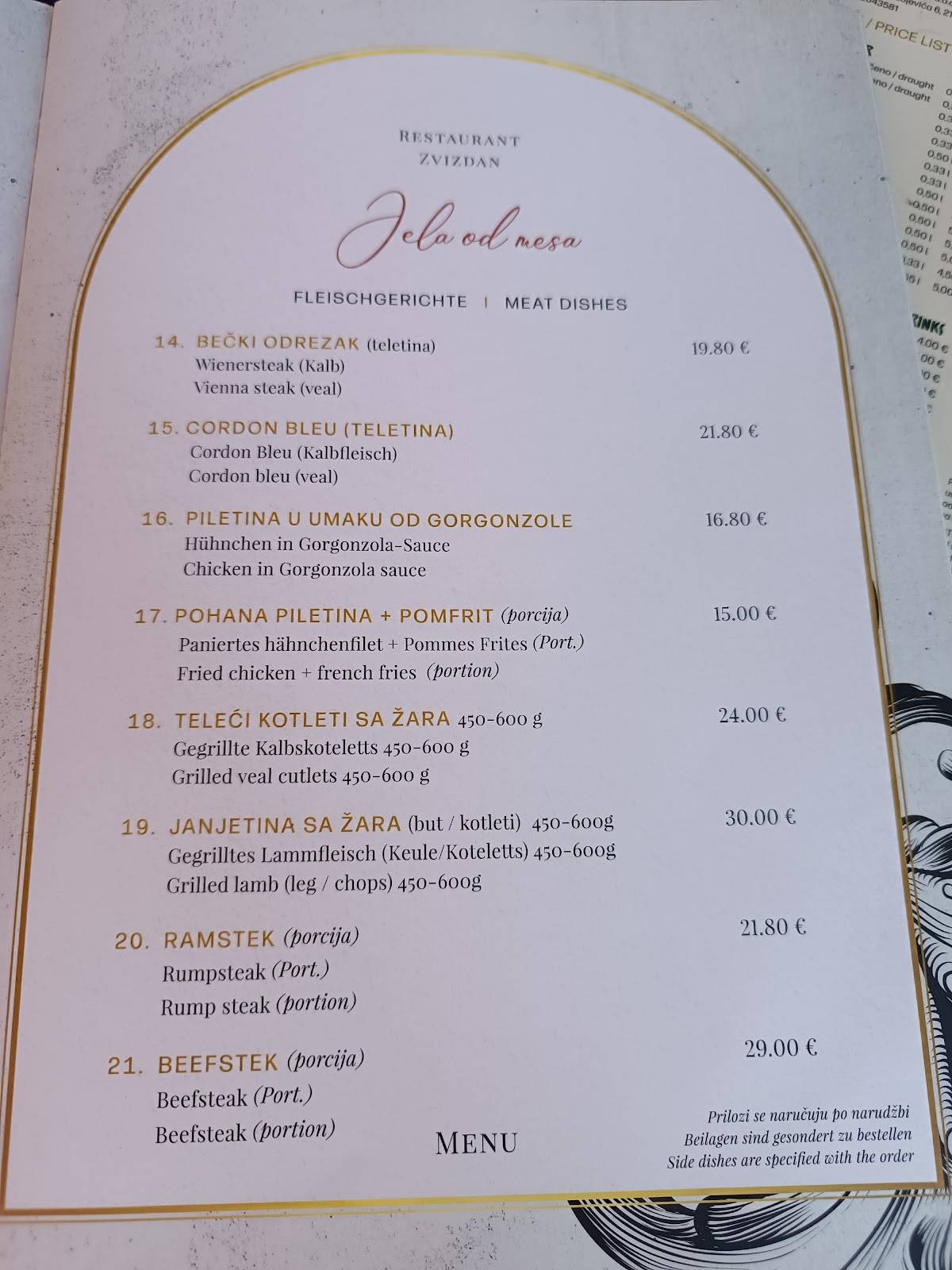 Menu di Restaurant Zvizdan 