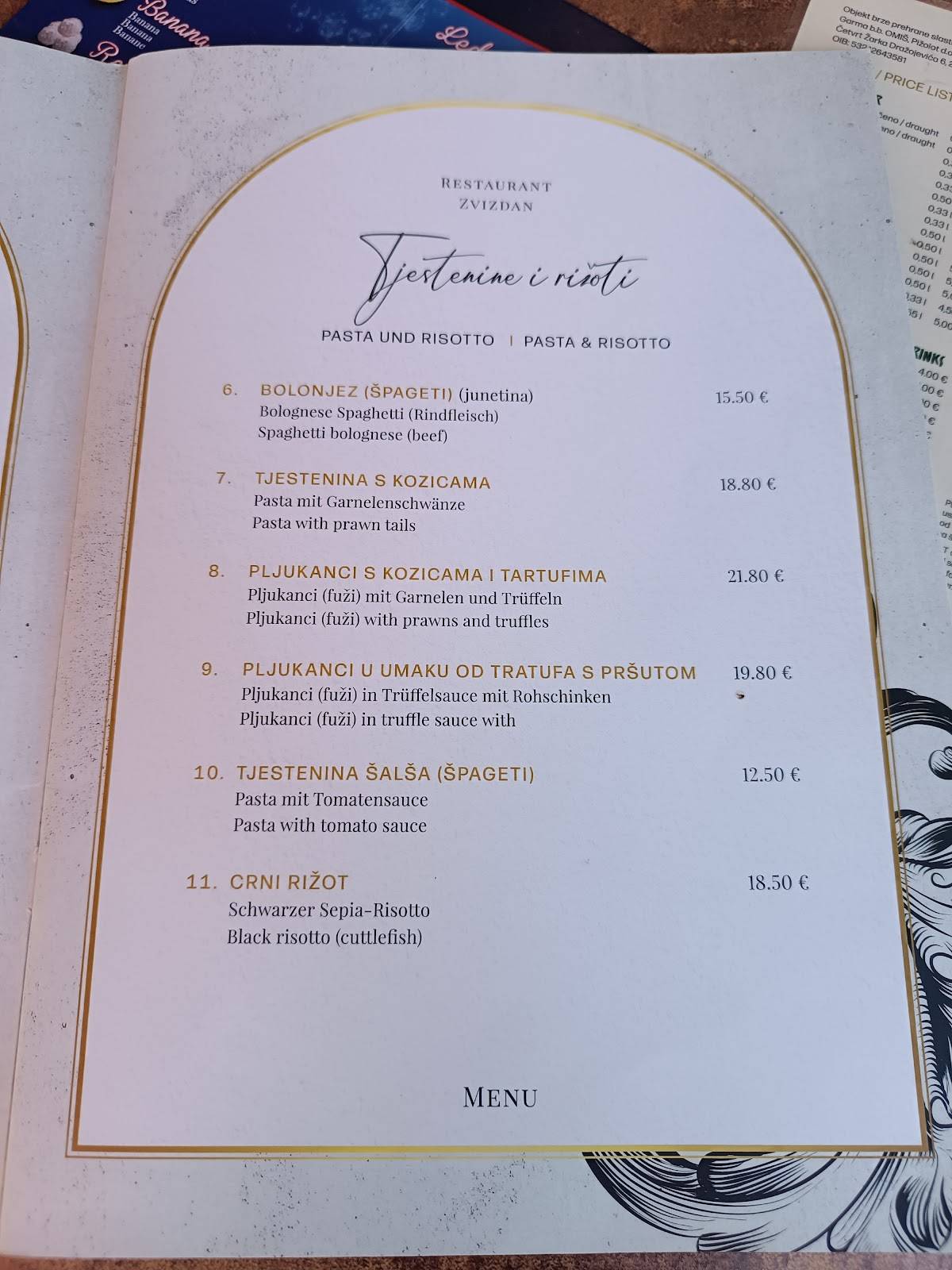 Menu di Restaurant Zvizdan 