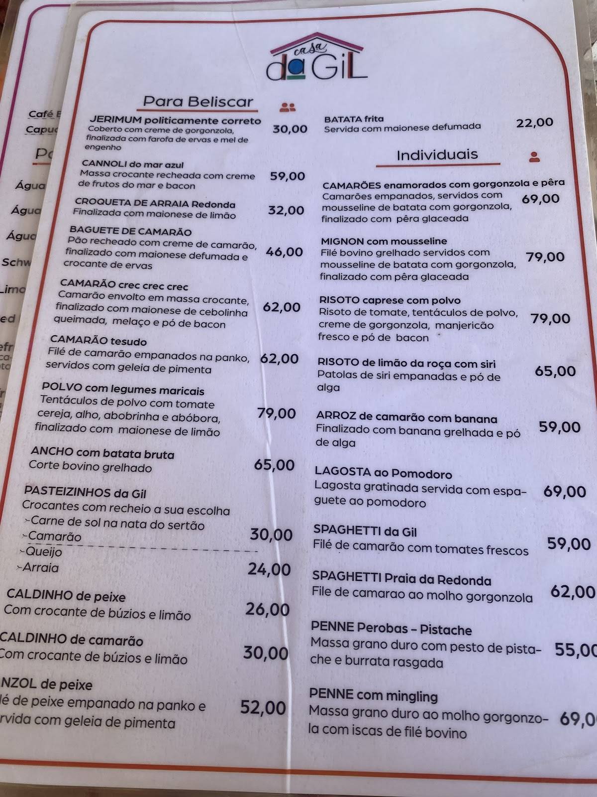 Restaurante Casa da Gil cardápio
