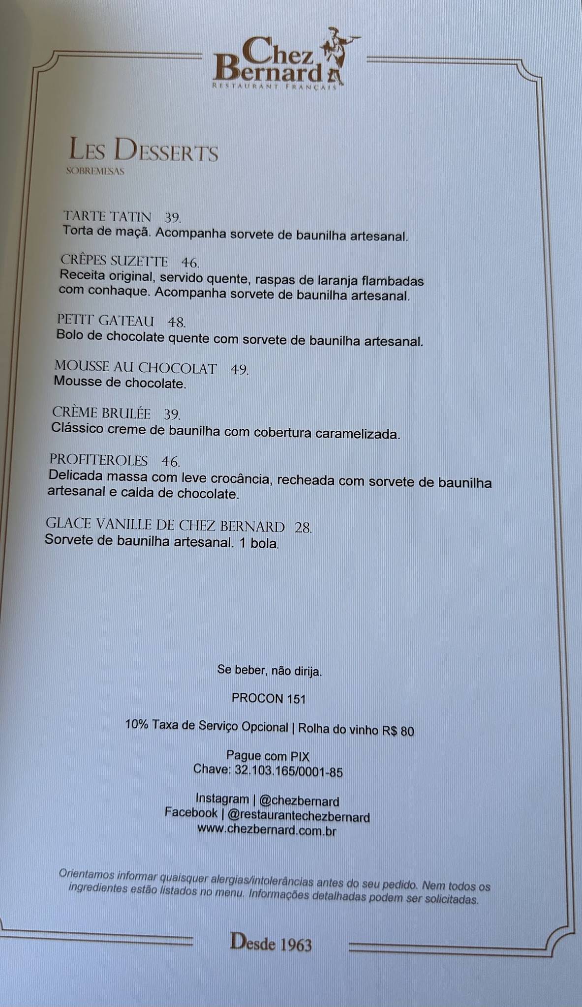 Restaurante Chez Bernard cardápio