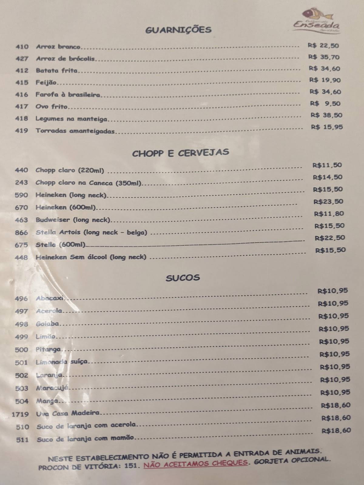 Restaurante Enseada Geraldinho cardápio