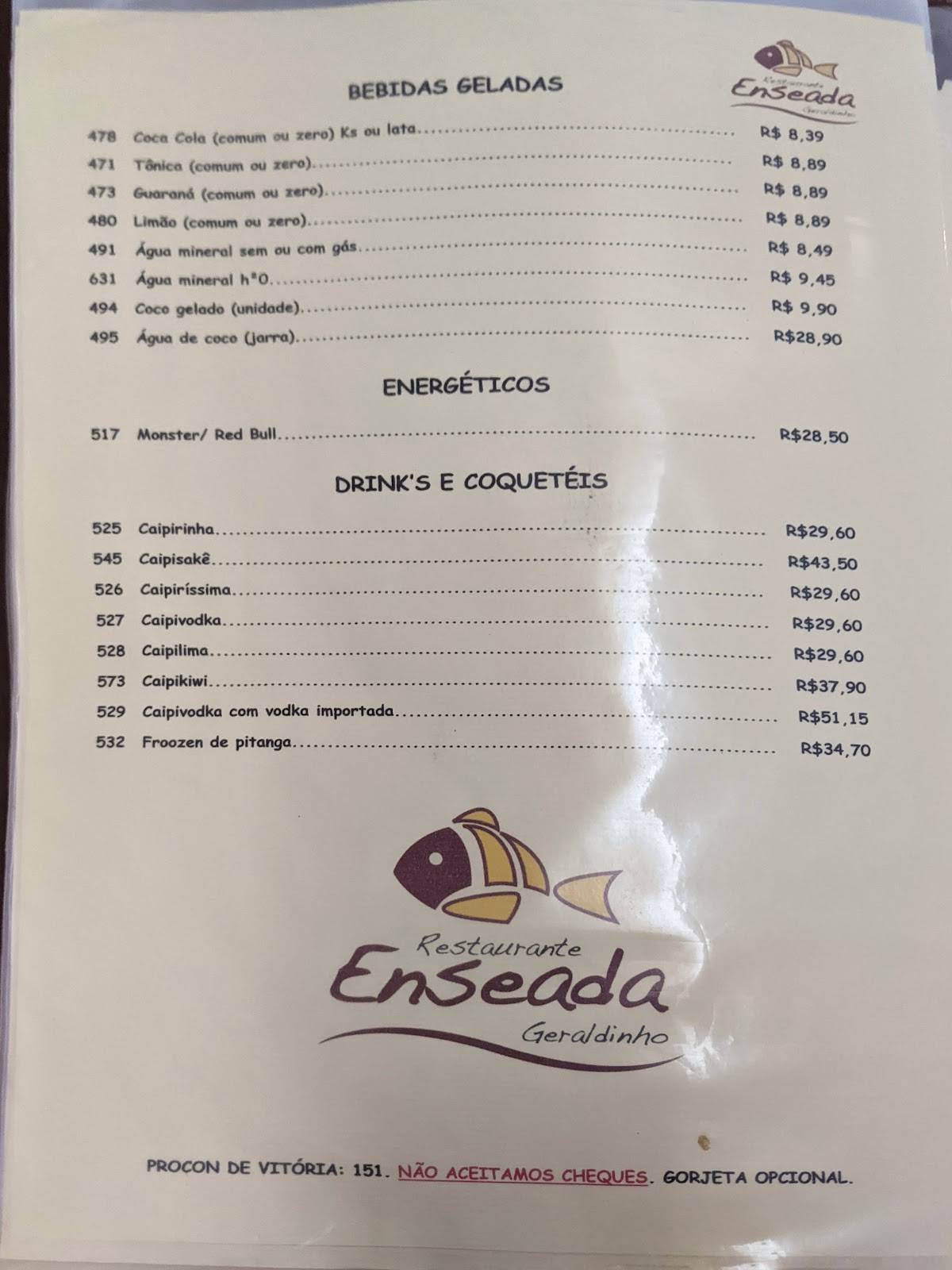 Restaurante Enseada Geraldinho cardápio