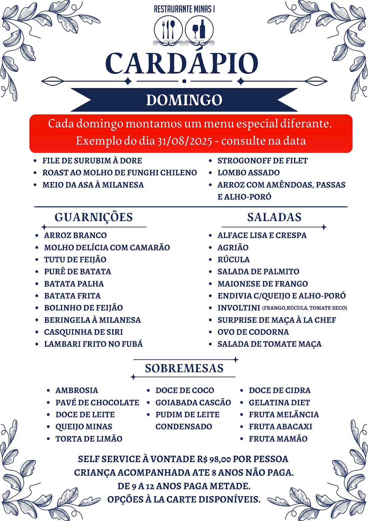 Restaurante Minas I cardápio