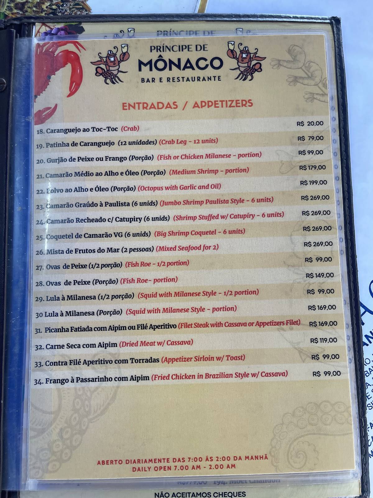 Restaurante Príncipe de Mônaco - (Copacabana) cardápio