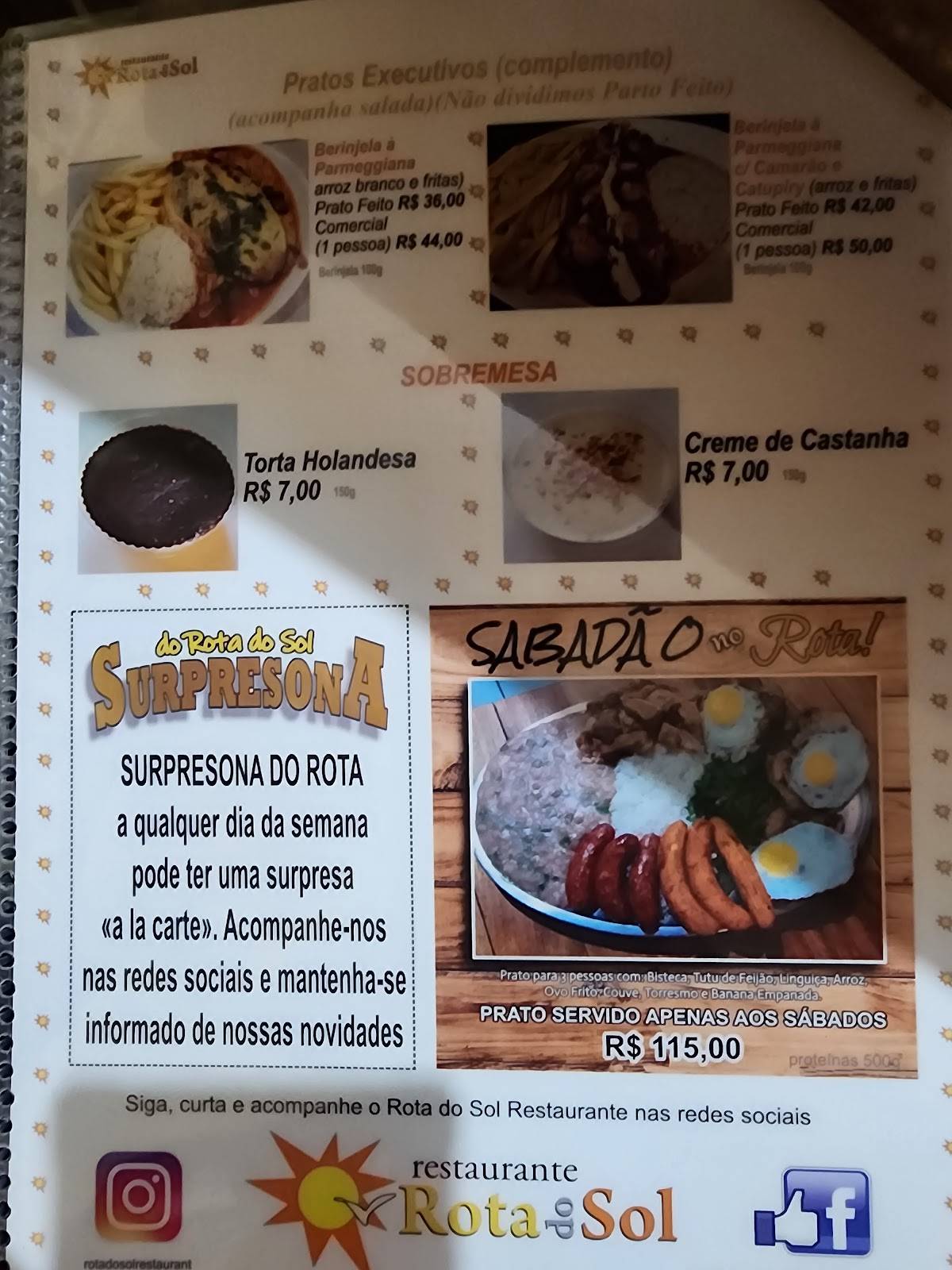 Rota do Sol cardápio